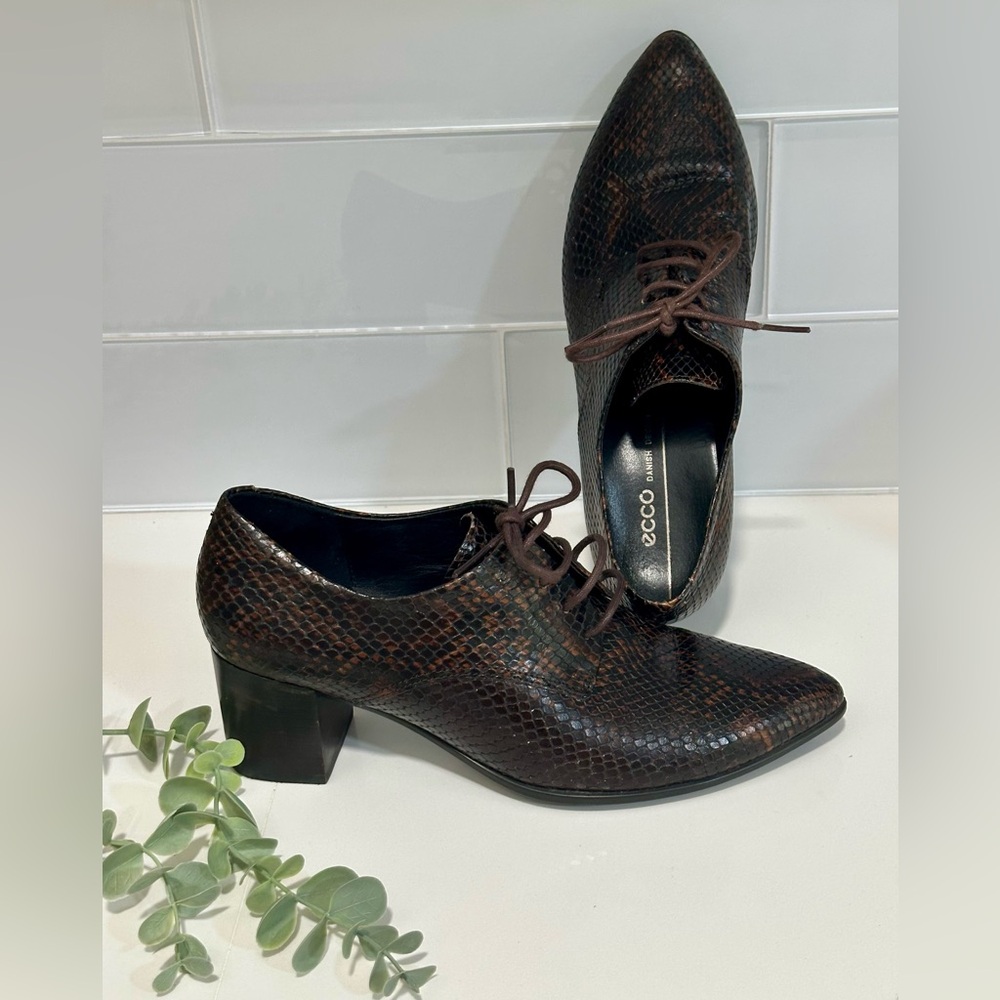 ECCO brown snakeskin finish leather point toe block heel booties shoes EU 38 New